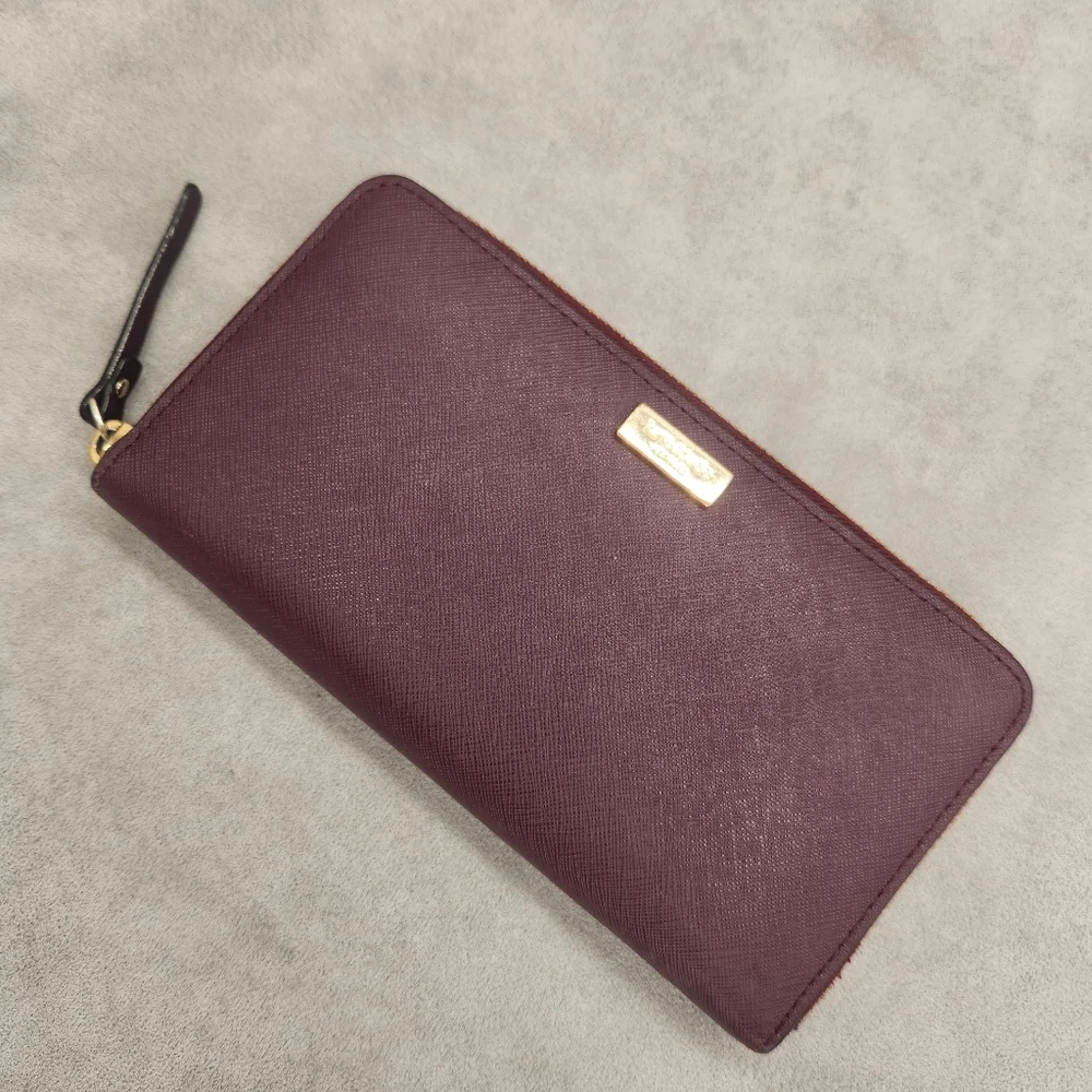 Kate Spade Zip Around Wallet Plum Purple Saffiano Leather Neda Laurel Way Logo